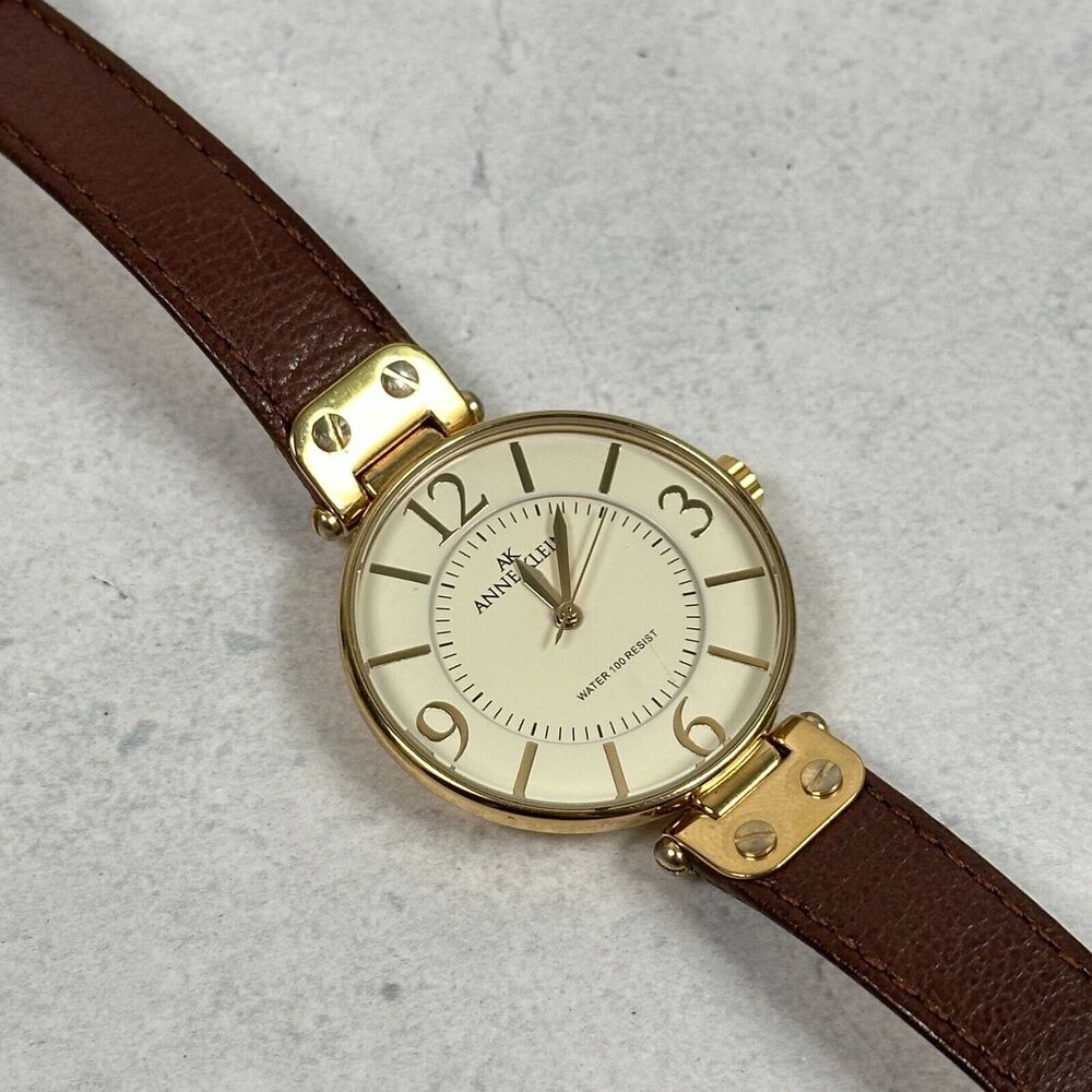 Anne Klein Watch Womens Round 34mm Gold Tone Brown Band Casual New Battery